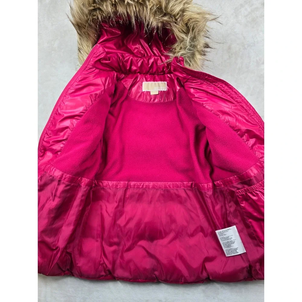 Michael‎ Kors Puffer Jacket Girls 5/6 Pink Faux Fur Removable Hood Coat